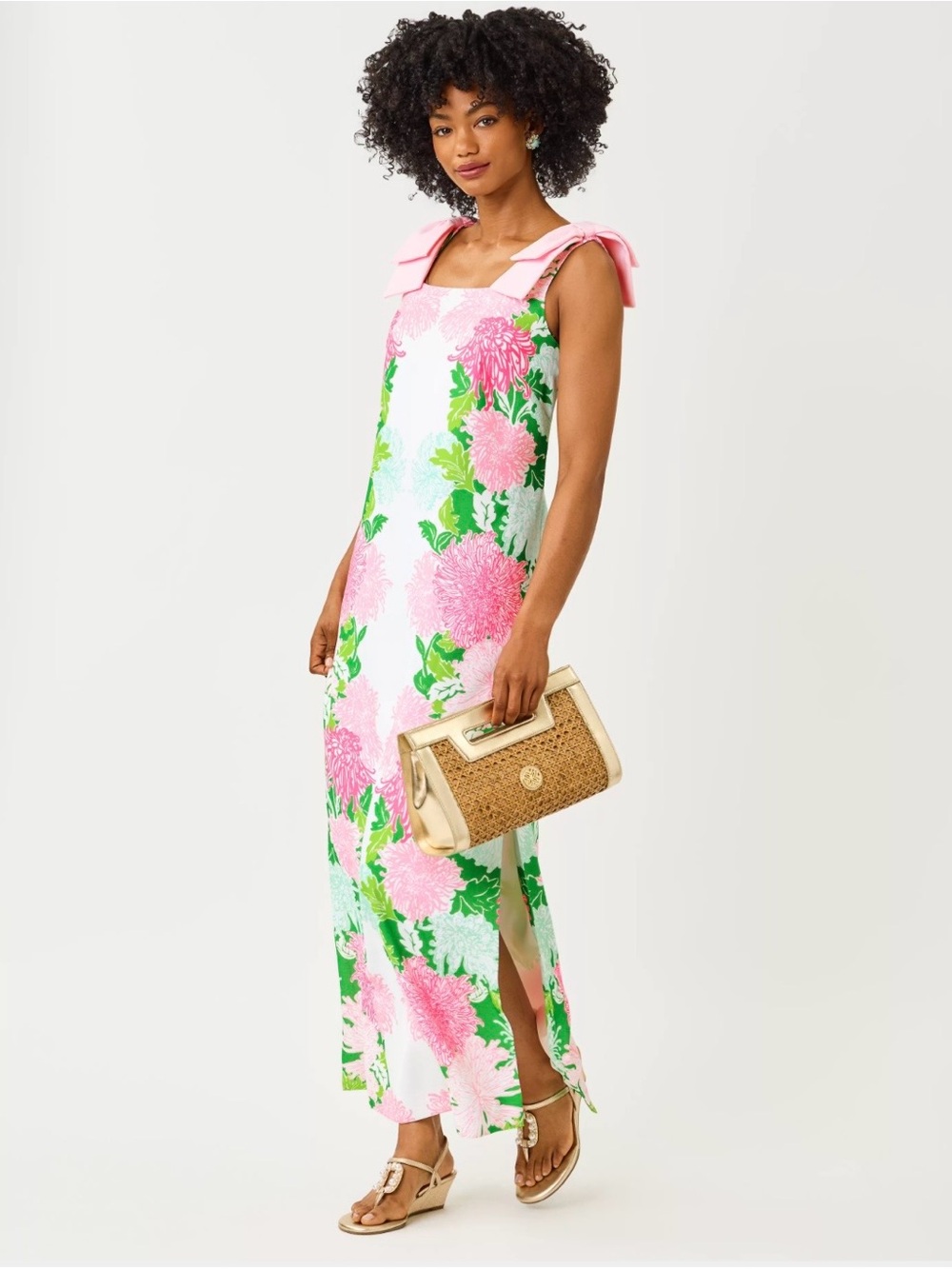 Lilly Pulitzer Bernice Pink & Green Floral Maxi Dress with Bow Straps 12 - Picture 2 of 11